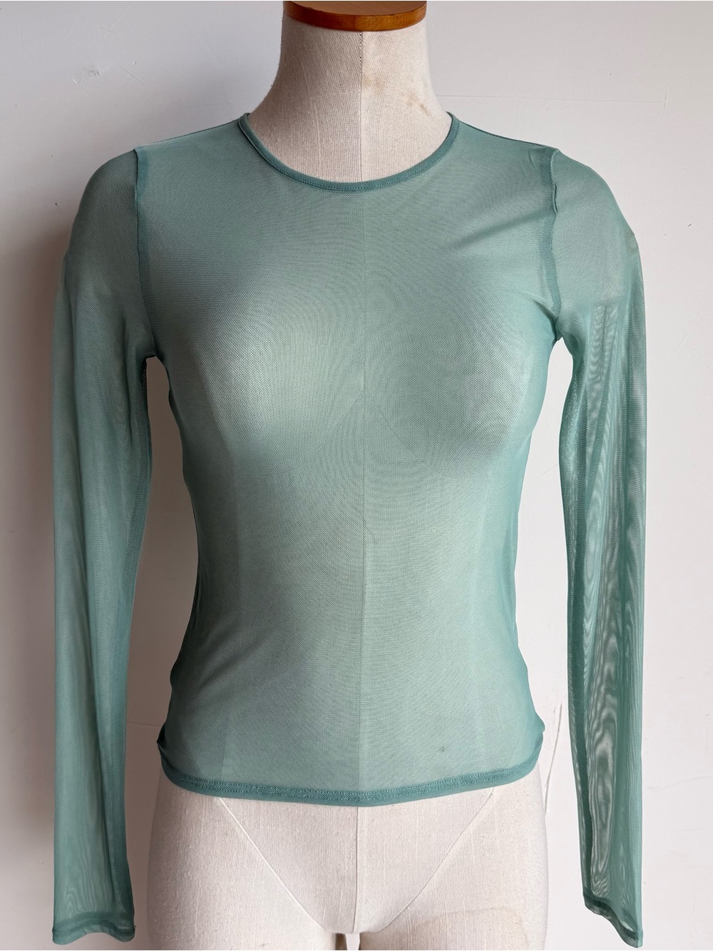 American eagle blouse Sage Green Small sheer mesh long sleeves Fitted crew Neck
